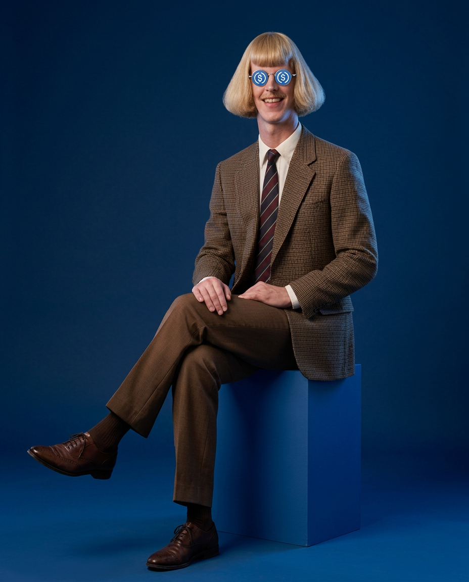 Jean Phil taking five wearing blue USDC-style glasses