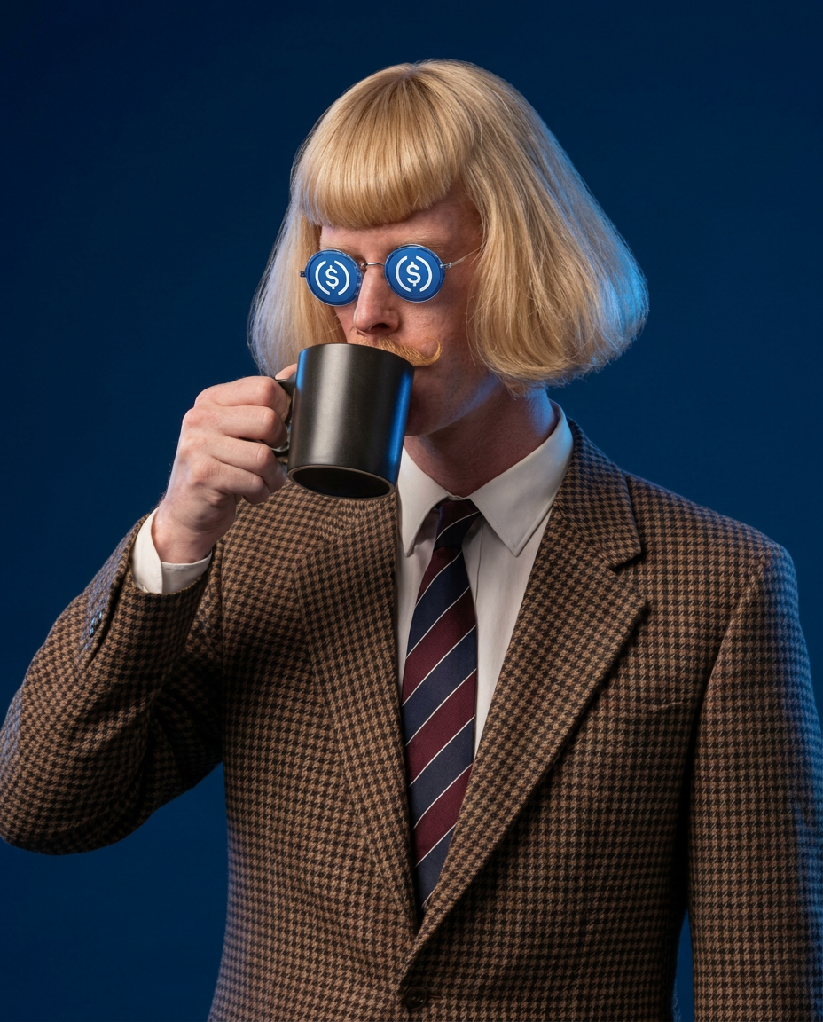 Jean Phil coffee break wearing blue USDC-style glasses