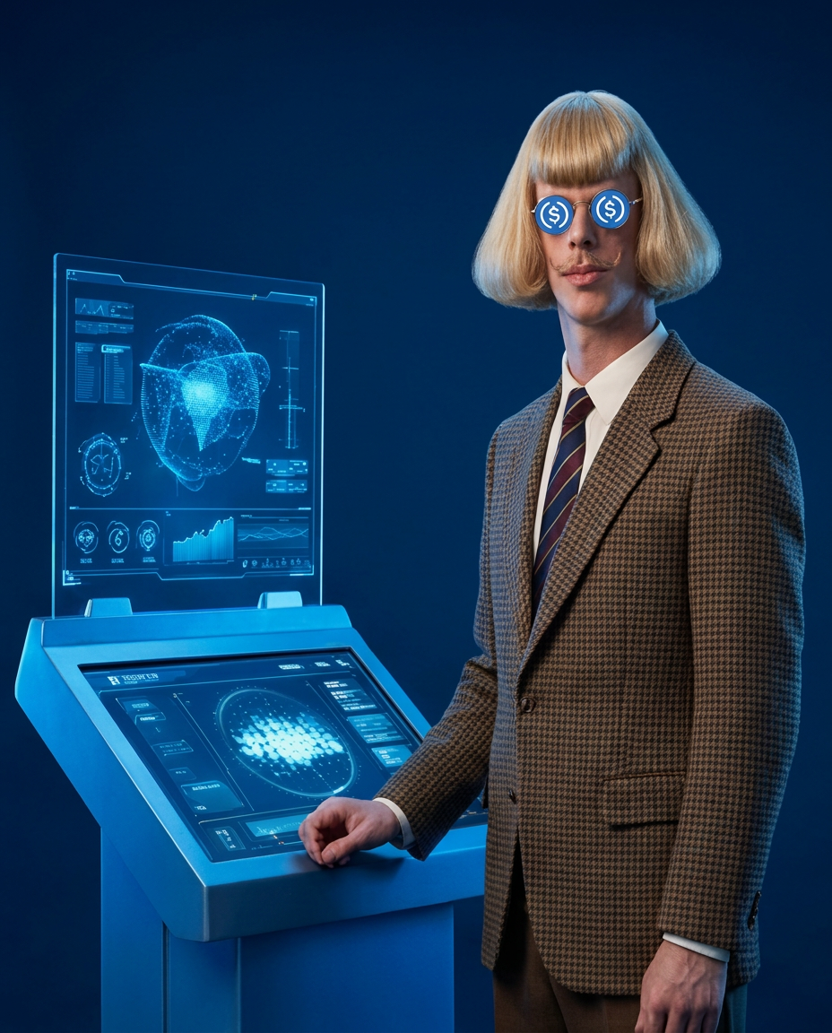 Jean Phil at the terminal wearing blue USDC-style glasses