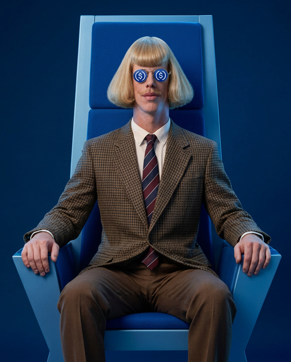 Jean Phil taking the throne wearing blue USDC-style glasses