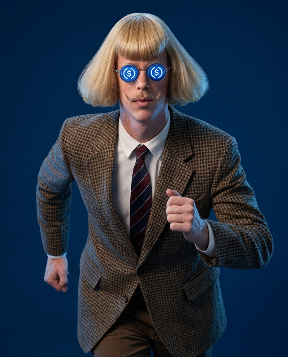 Jean Phil full speed wearing blue USDC-style glasses